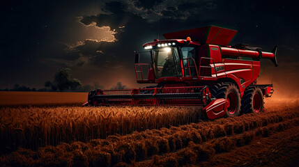Obraz premium red combine harvester, field of wheat,night time harvest