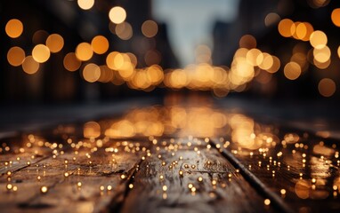 Wooden floor empty with bokeh lights on stage in a theater background. High quality photo