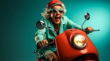 Tuinposter Energizing picture of a vibrant, middle-aged woman showing independence and excitement on a vintage scooter, exemplifying vitality and freedom. © XaMaps