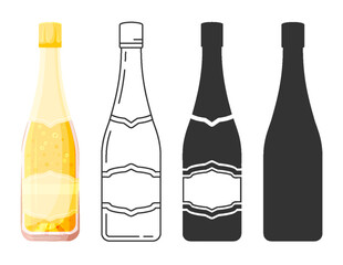 Champagne glass bottle flat line silhouette glyph set. Sparkling alcohol white wine fizz clear editable line outline cut out stencil stamp print black icon banner postcard greeting card isolated