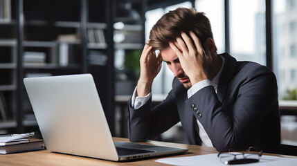 Tired, stressed businessman in his office, overworked creative entrepreneur. Frustrated businessman with head in hands at desk in front of his laptop