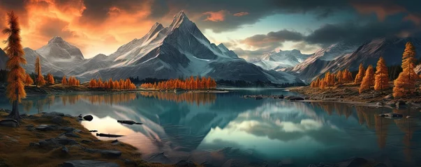  early winter nature landscape of beautiful lake mountains and autumn forest, Generative Ai © QuietWord