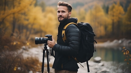 Young man holding modern camera outdoor. Young man using DSLR camera taking a picture in forest - obrazy, fototapety, plakaty