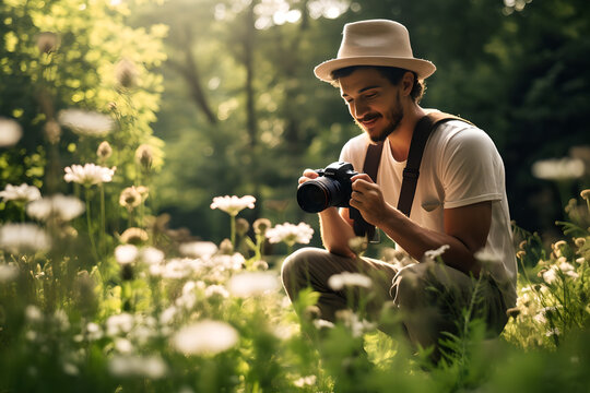 Young man holding modern camera outdoor. Young man using DSLR camera taking a picture in forest