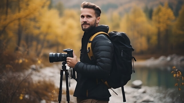 Young man holding modern camera outdoor. Young man using DSLR camera taking a picture in forest
