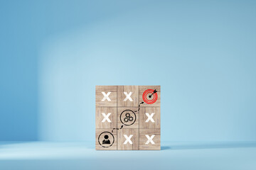 woods block step on table with icon Action plan, Goal and target, success and business target concept. Find the best direct with O and X game to target