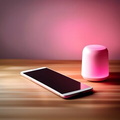 beautiful mobile mockup placed on wooden table with pink lamp on it with cinematic background, generative AI