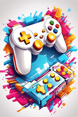 A colorful gaming controller with a rainbow colored controller on it.