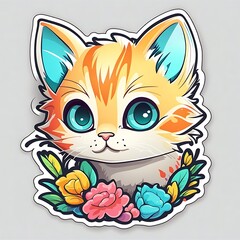 photo of a beautiful and colorful cat  sticker with flowers and leaves isolated on grey, generative AI