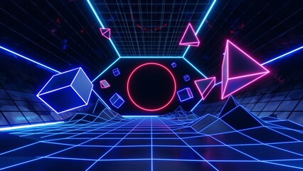 3d abstract technology glowing neon fast speed light background, empty space scene, reflection floor, virtual reality, cyber space futuristic sci-fi background, motion line high speed for mock up. © TANATPON