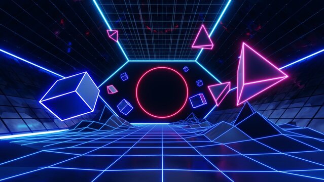 3d abstract technology glowing neon fast speed light background, empty space scene, reflection floor, virtual reality, cyber space futuristic sci-fi background, motion line high speed for mock up.