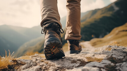 Close up man hiking boots on rocky mountain peak in the natural forest