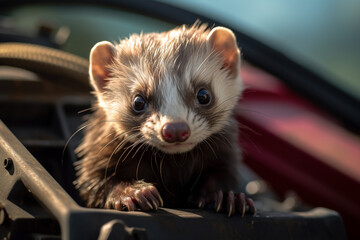 Wild ferret rodent sitting inside car engine