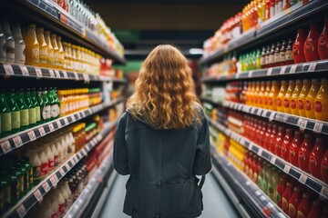 Back view of young woman standing in front of shelf in supermarket.