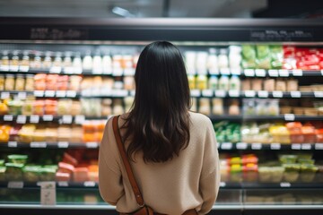 Back view of young woman standing in front of shelf in supermarket. - obrazy, fototapety, plakaty