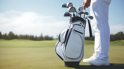 Close up Golf equipment bag and golfer standing on a green course
