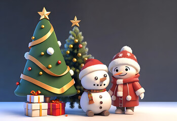 snowman and pine tree christmas background ai generated