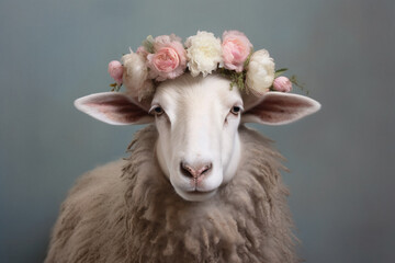 Portrait of sheep with flowers on pastel gray background