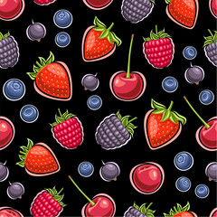 Vector Berry Seamless Pattern, dark repeat background with cut out different juicy berries for decorative wrapping paper, square poster with group of flat lay raw berry fruits for home interior decor