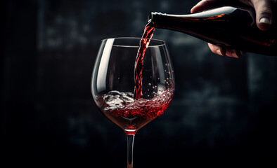 hand pours red wine into a glass,