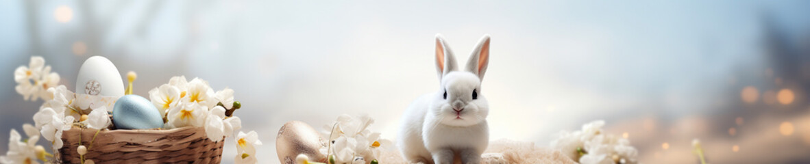 イースターのウサギと卵と春の花の背景バナー　Generative AI