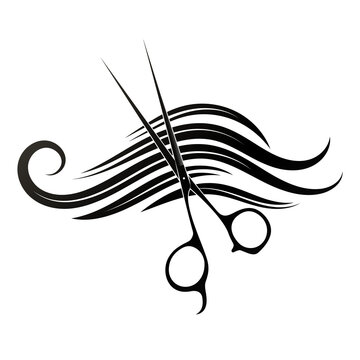 Beautiful curls of hair and scissors of the stylist. Unique design for hair stylist and beauty salon