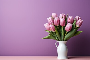 Obraz premium tulips on purple background, copy space