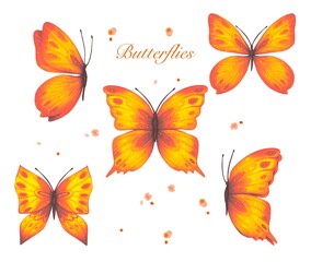 Set with abstract butterflies in orange and yellow tones, watercolor.