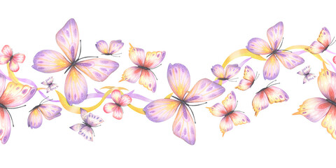 Seamless border with abstract butterflies in purple and yellow tones, watercolor