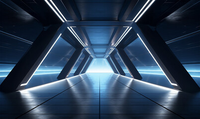 empty long light corridor designed as a futuristic Sci-Fi triangle tunnel