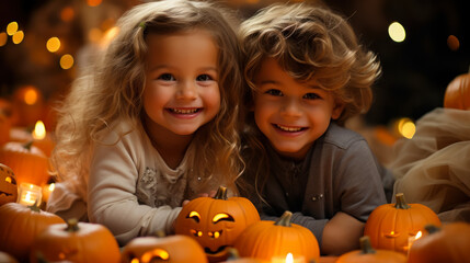 Fototapeta na wymiar Happy kids with decorated pumpkins. Halloween laughing kids on holiday.