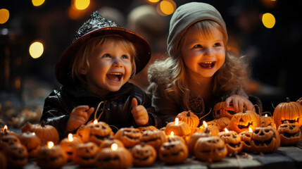 Happy kids with decorated pumpkins. Halloween laughing kids on holiday.