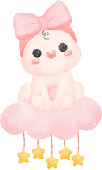 Baby shower girl on pink cloud watercolor