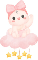 Baby shower girl on pink cloud watercolor