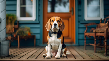 Beautiful beagle sitting on the porch of the house, animal care, world animal day.