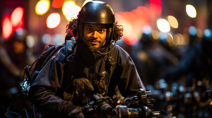 Naklejka premium Fearless journalist oversees fiery protest, as advancing riot-geared police signify press freedom and human rights at risk amid global activism.