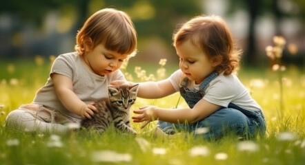 Little kids playing with kitten, pet care, idea banner , world animal day.