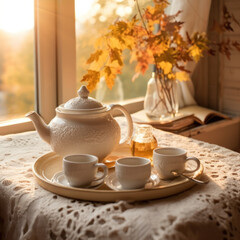 Fototapeta premium A white porcelain tea set and a matching teapot 