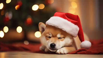 Fototapeta na wymiar Shiba Inu puppy in a Santa hat sleeping under the Christmas tree