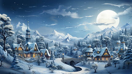 Illustrated New Year's Eve, a winter town in a snow-covered forest