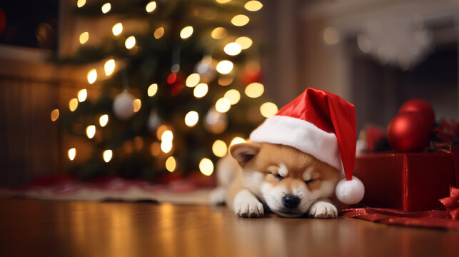 Shiba Inu puppy in a Santa hat sleeping under the Christmas tree