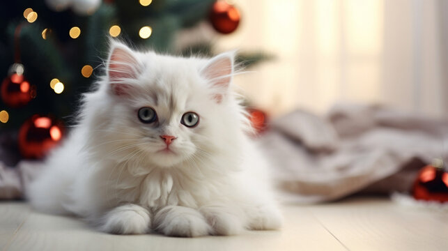 A WHITE FLUFFY KITTEN IN THE HOUSE ON THE FLOOR LIES AGAINST THE BACKGROUND OF A CHRISTMAS TREE AND BOKEH