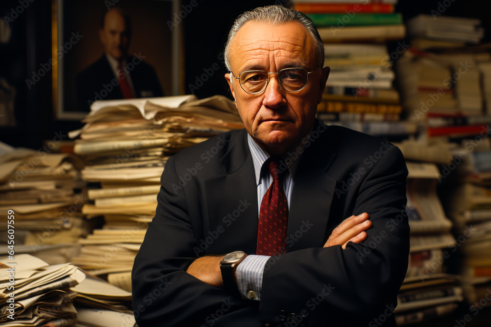 Wall mural commanding editor-in-chief, arms crossed, sternly overlooking a wall of newspaper front pages agains