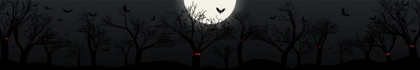Panoramic Dark Forest Header lit by moonlight with a full moon. Halloween Horizontal Banner of dark tree silhouettes with flying bats, graves, ghosts, and zombie. Vector Illustration. © Ja Creatives