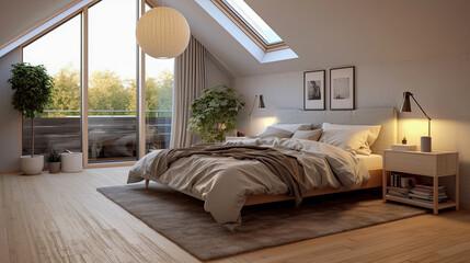 Illustration for house project, modern bedroom space, minimalist design.