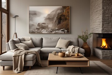 Mock up frame in home interior background, coastal style living room with marine decor, 3d render. - obrazy, fototapety, plakaty