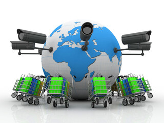 Fototapeta premium 3d rendering e-shopping concept, shopping bag in trolley under cctv camera