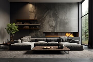 Stylish dark living room interior with gray sofa mock up, modern interior background, empty black wall mockup, 3d illustration - obrazy, fototapety, plakaty