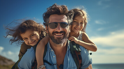 Fototapeta premium Father piggyback with his children