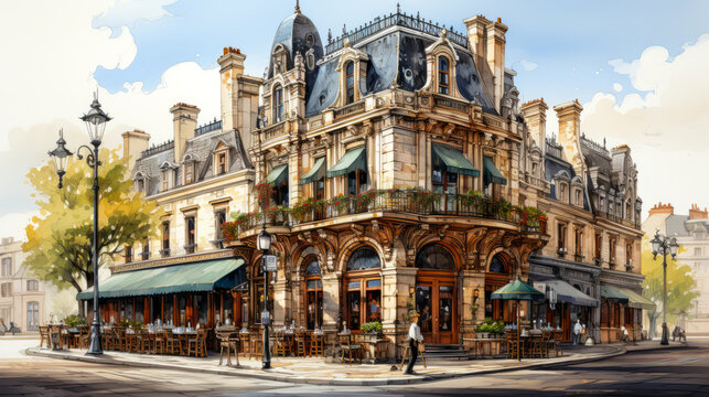 Sketch of a Parisian façade with iron balconies, ornate windows, a cobblestone street and café terrace exhibiting European elegance.